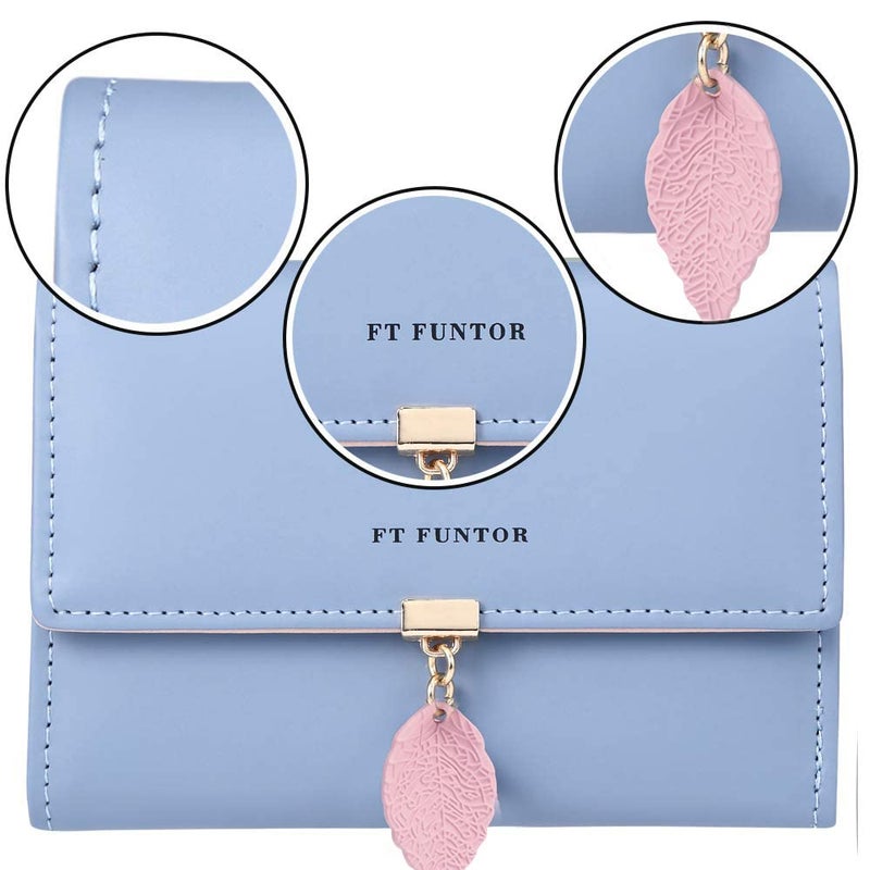 FT FUNTOR RFID Wallets for Women, Leaf Card Holder Trifold Ladies Wallets Coins Zipper Pocket with ID Window Blue - Image 3